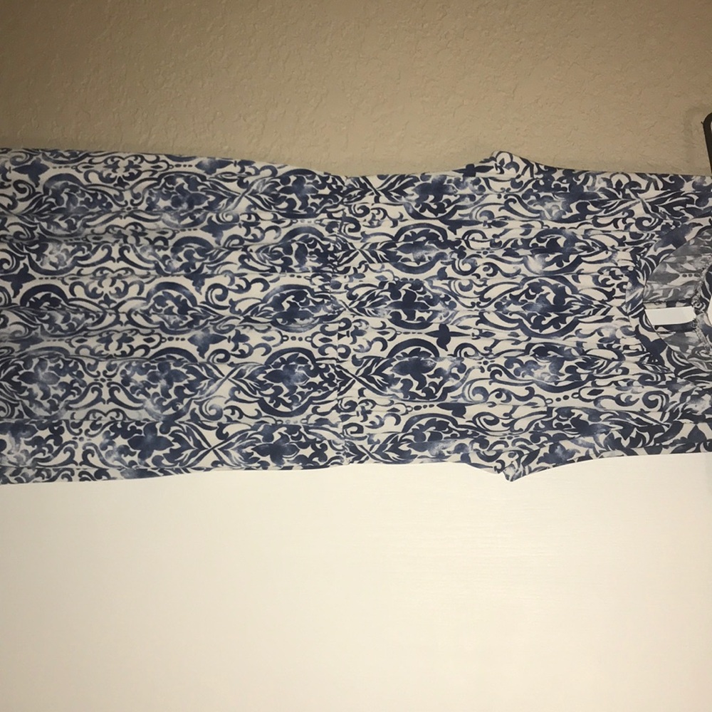 A blue and white printed dress
